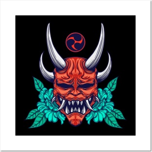 red oni mask with leaves on the back Posters and Art